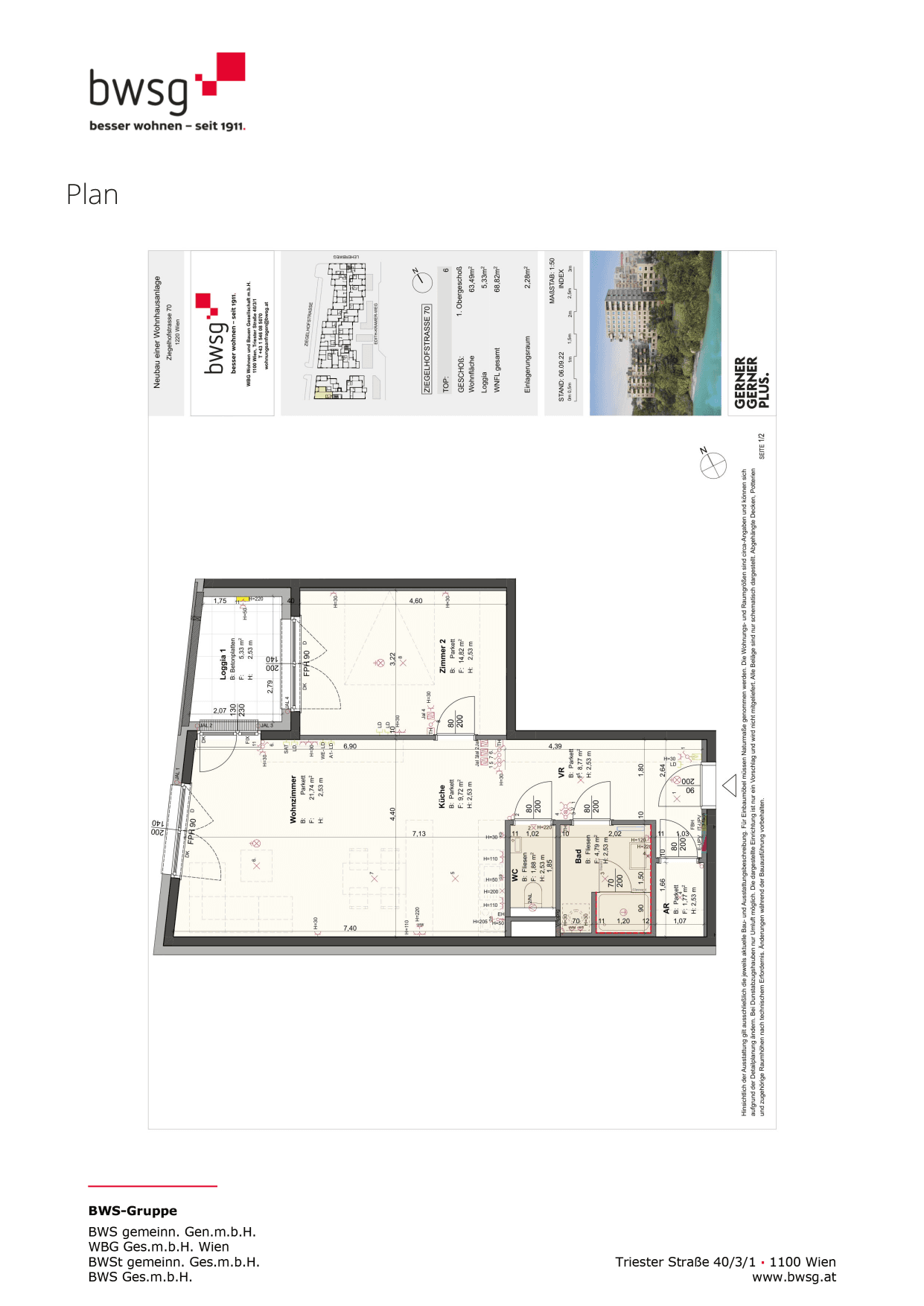 Grundriss Top 6 — Leo am Teich - Wohnen am Wasser — 2 Zimmer — 63,5 m² — 1st floor — Seeblick — Grundriss 1/2