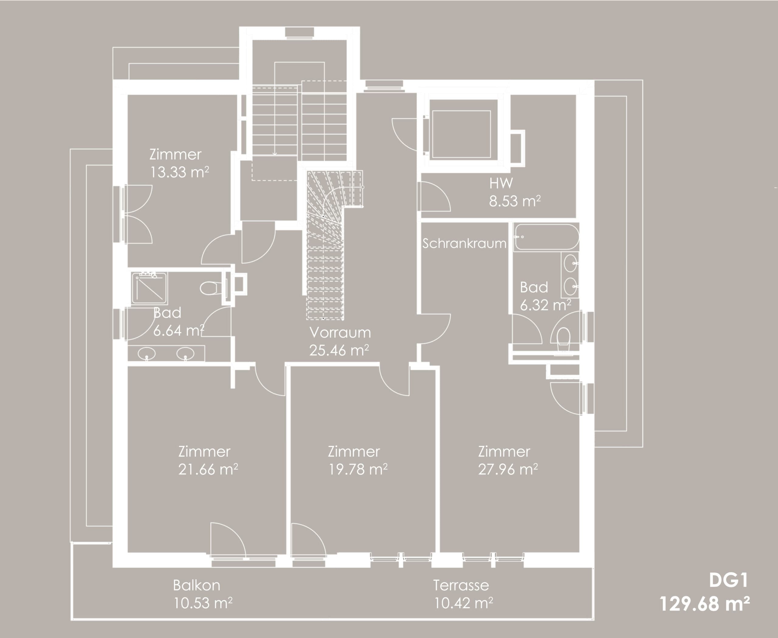 Grundriss Top 3 — Das Leon — 5 Zimmer — 209,7 m² — 1st attic floor / 2nd attic floor — Terrasse, Balkon — Grundriss 1/2