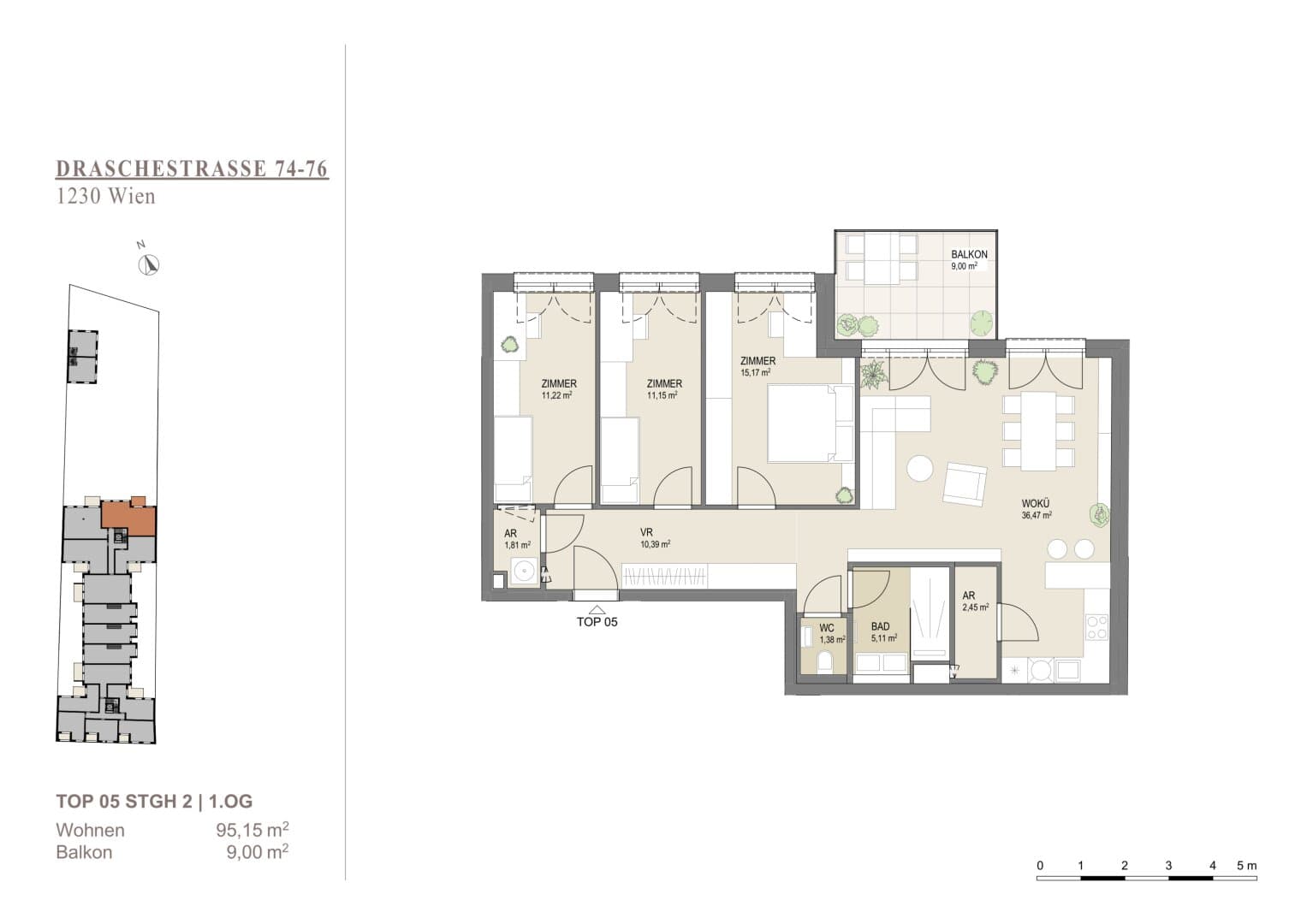 Grundriss Top 5 1Etage — Liesing Gardens — 4 Zimmer — 94,9 m² — 1st floor — balcony