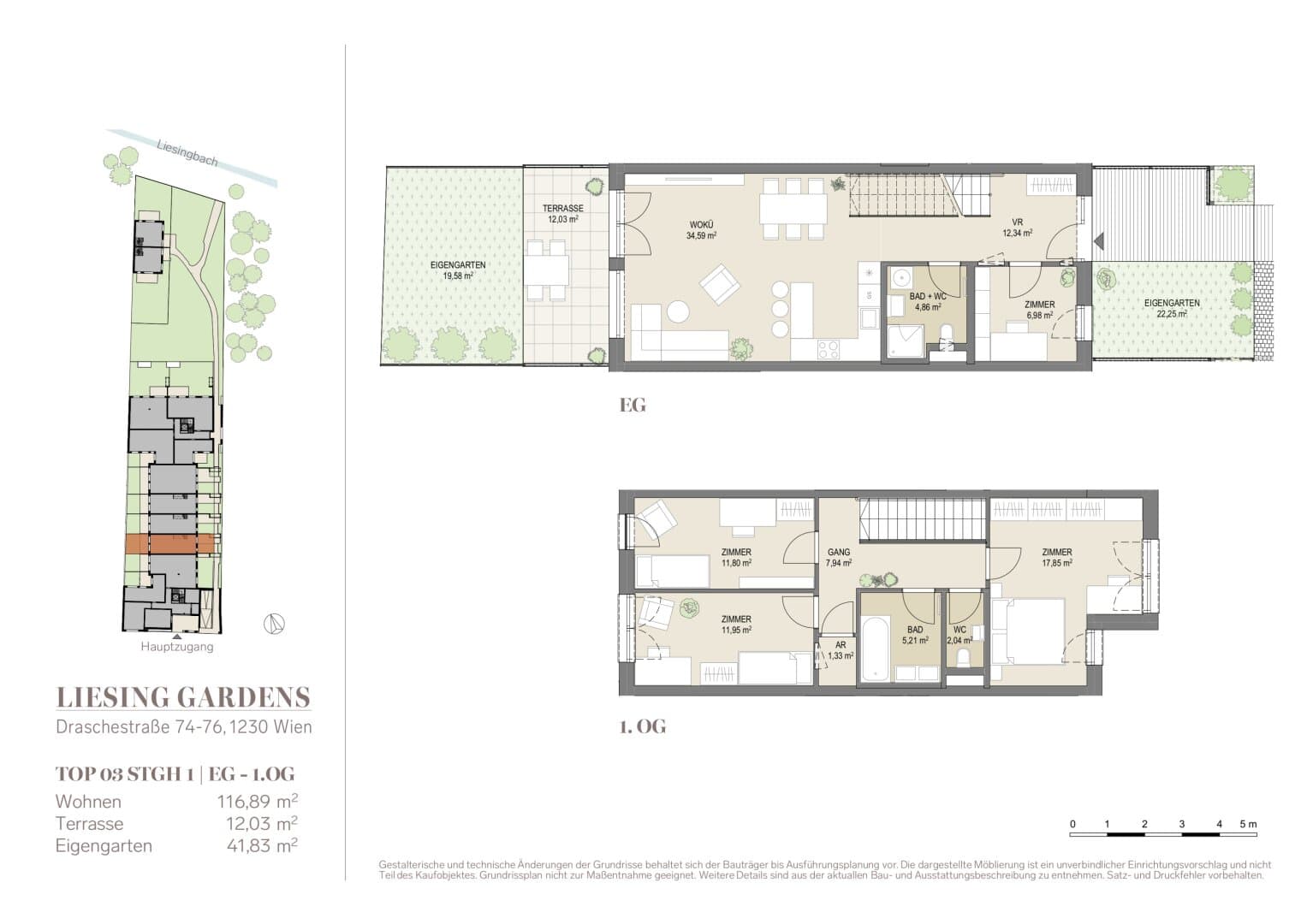Grundriss Top 3 EG 116.89qm — Liesing Gardens — 5 Zimmer — 116,9 m² — Ground floor — terrace, garden