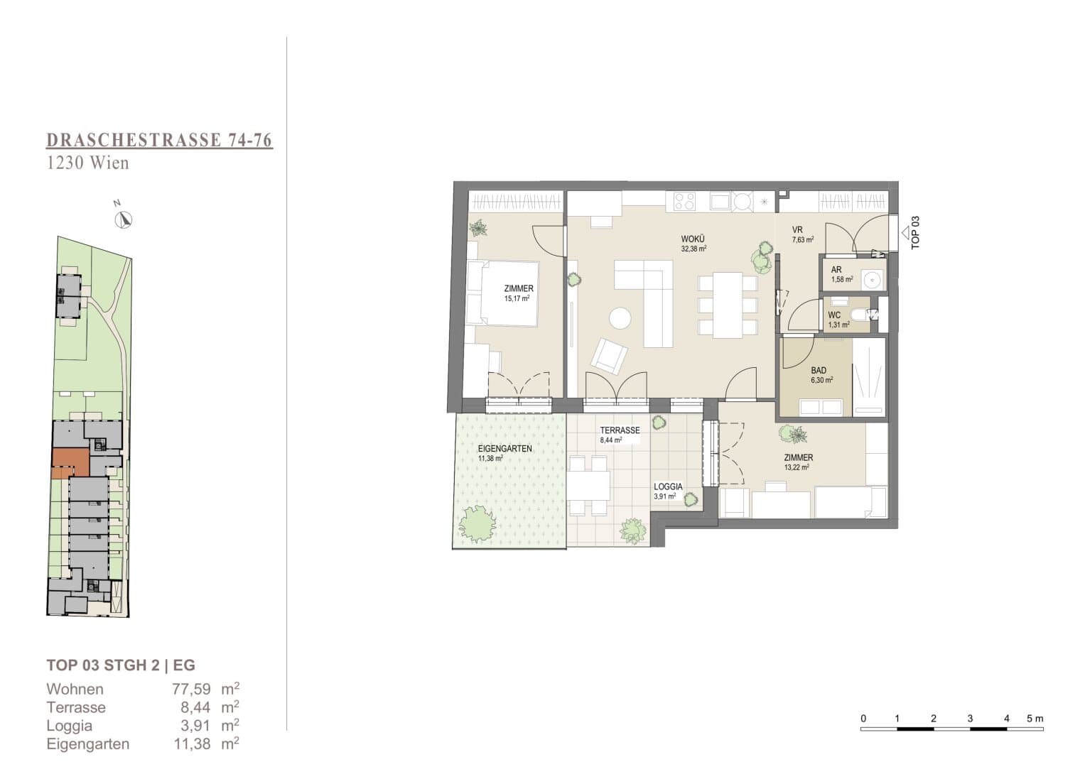 Grundriss Top 3 EG 77.57qm — Liesing Gardens — 3 Zimmer — 77,6 m² — Ground floor — loggia, terrace, garden
