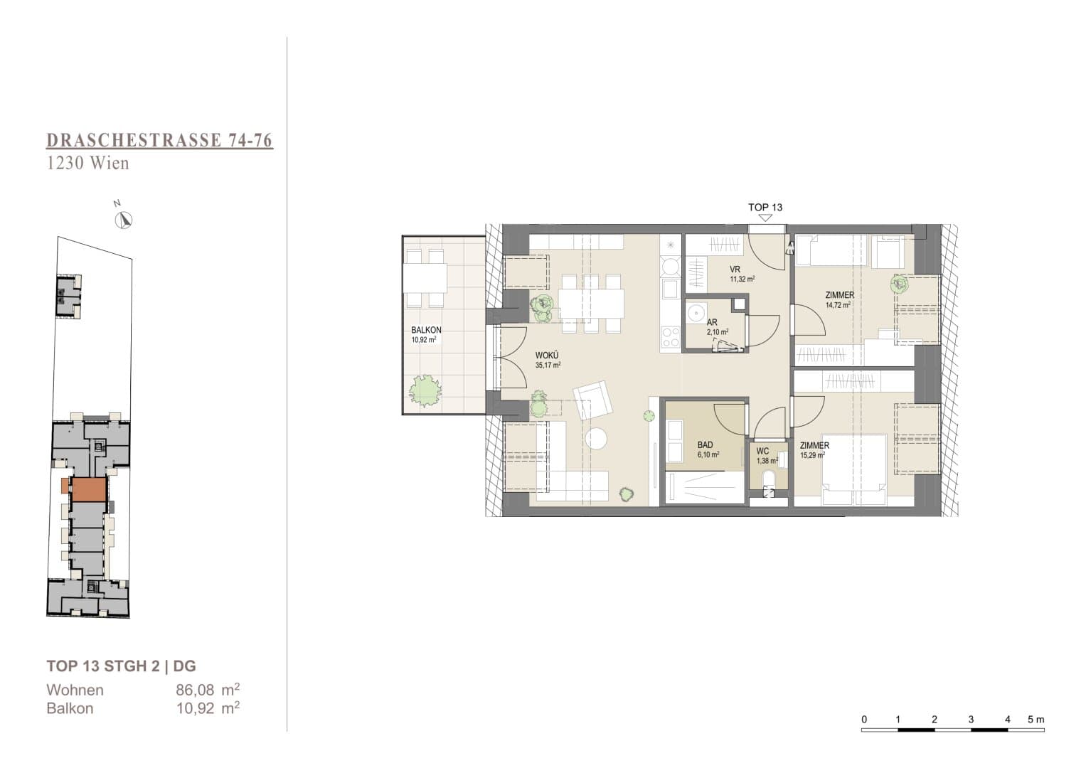 Grundriss Top 13 1DG 86qm — Liesing Gardens — 3 Zimmer — 86 m² — 1st attic floor — balcony