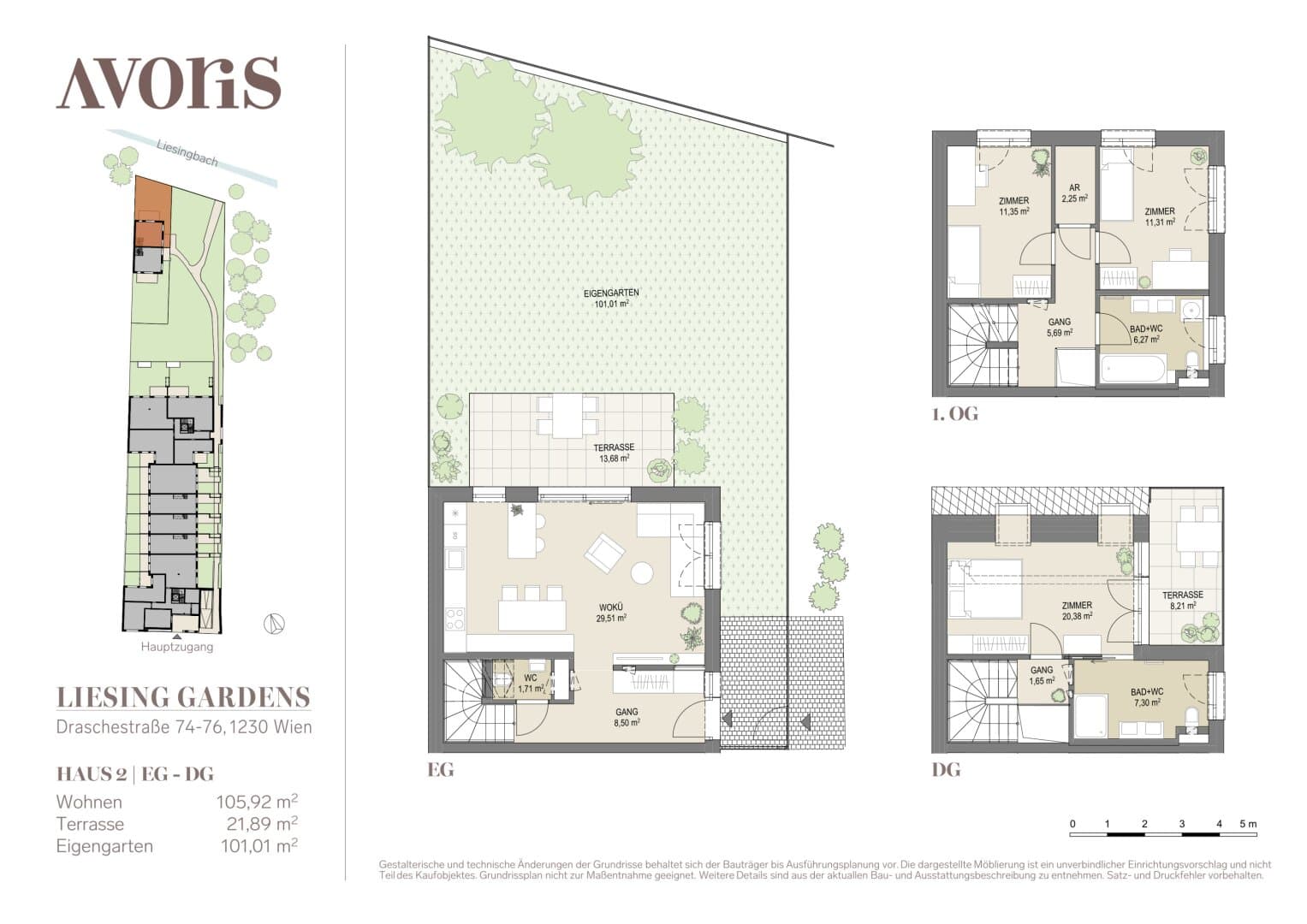 Grundriss Haus 2 — Liesing Gardens — 4 Zimmer — 105,9 m² — Doppelhaus — terrace, garden