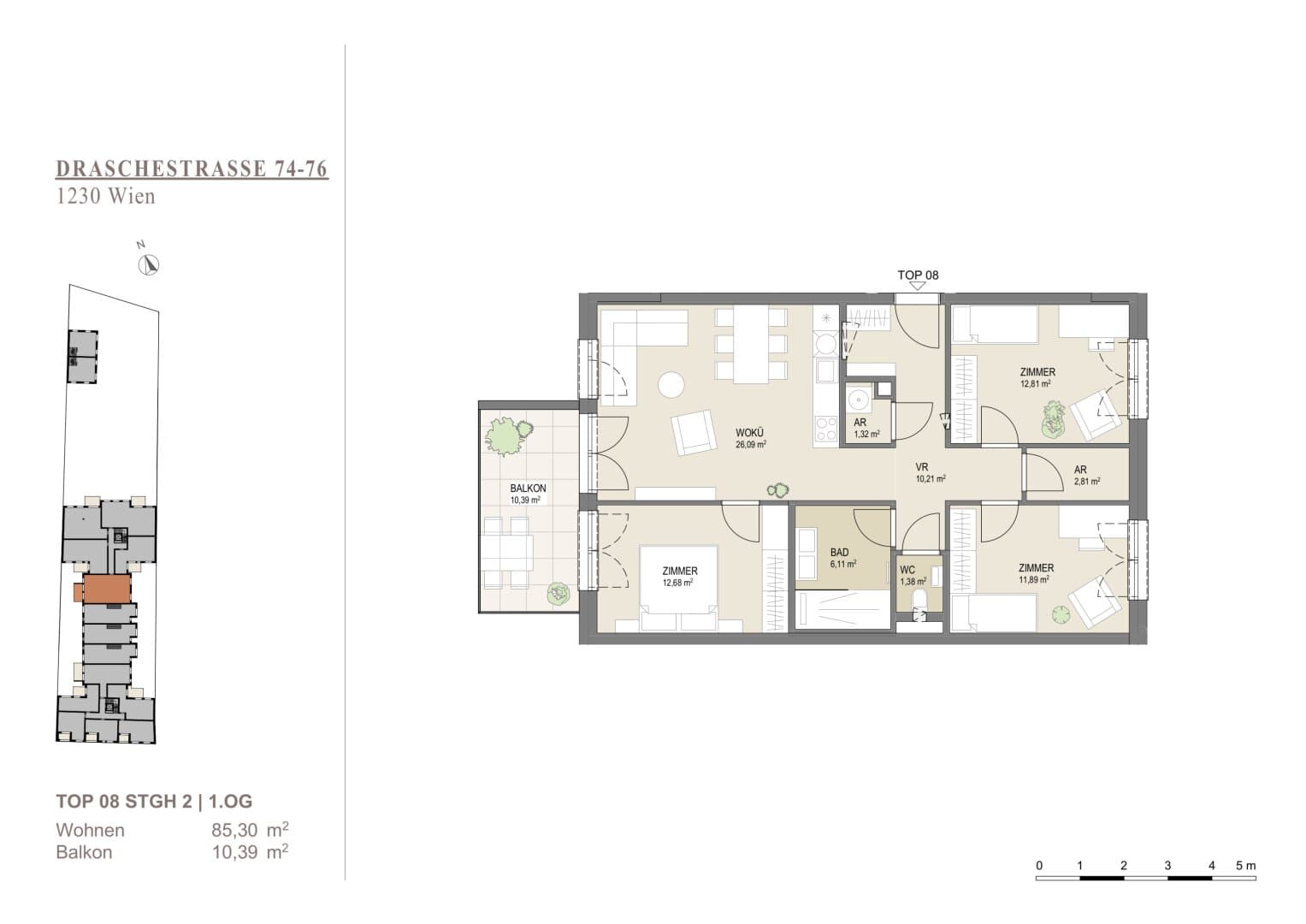 Grundriss Top 8 1Etage — Liesing Gardens — 4 Zimmer — 85,5 m² — 1st floor — balcony