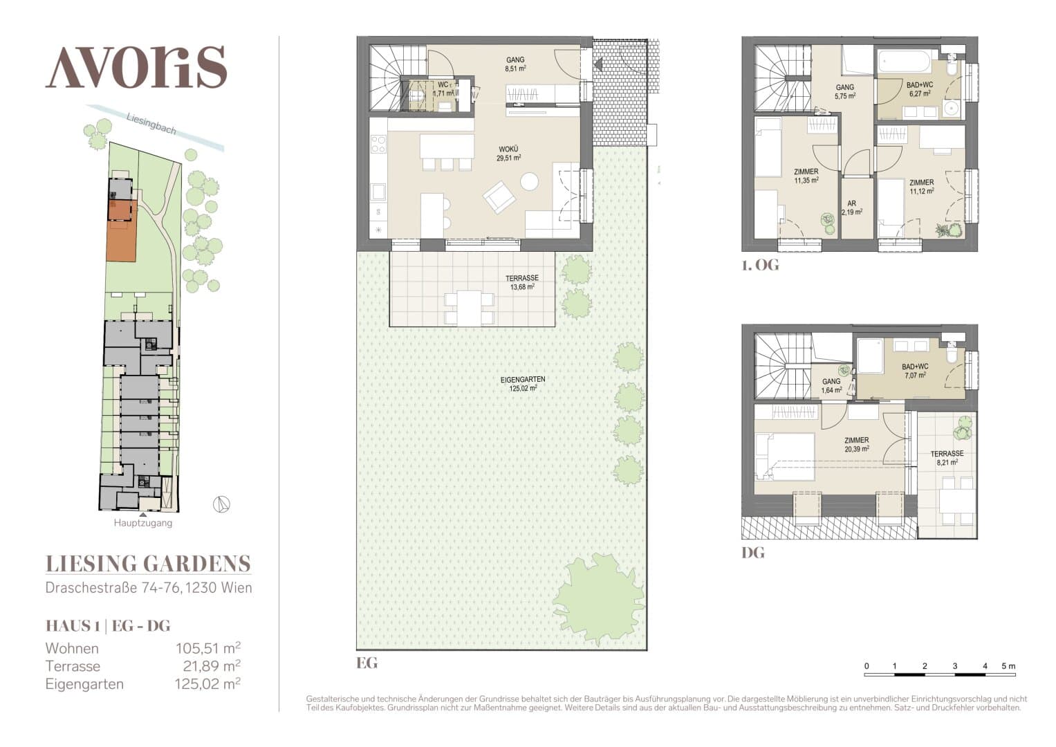 Grundriss Haus 1 — Liesing Gardens — 4 Zimmer — 105,5 m² — Doppelhaus — terrace, garden