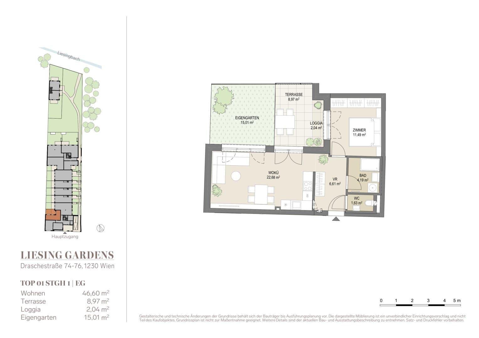 Grundriss Top 1 EG 46.6qm — Liesing Gardens — 2 Zimmer — 46,6 m² — Ground floor — loggia, terrace, garden