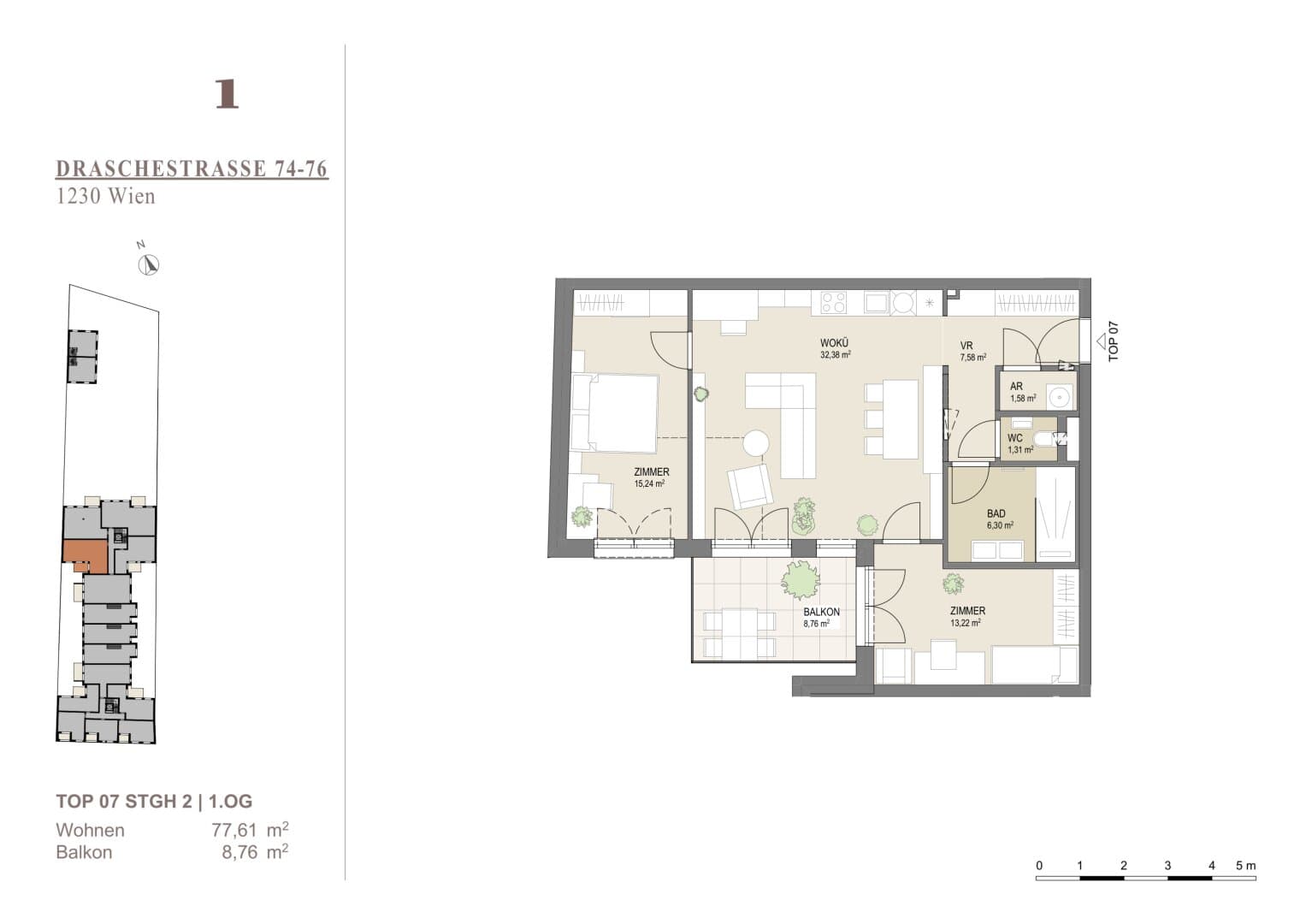 Grundriss Top 7 1Etage — Liesing Gardens — 3 Zimmer — 77,6 m² — 1st floor — balcony