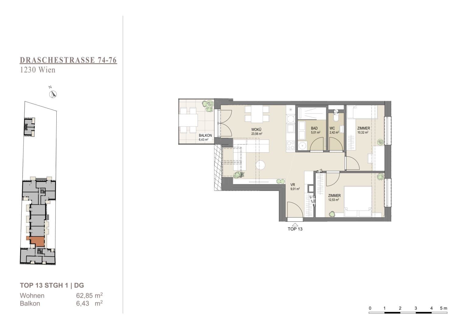 Grundriss Top 13 1DG 62.65qm — Liesing Gardens — 3 Zimmer — 62,7 m² — 1st attic floor — balcony