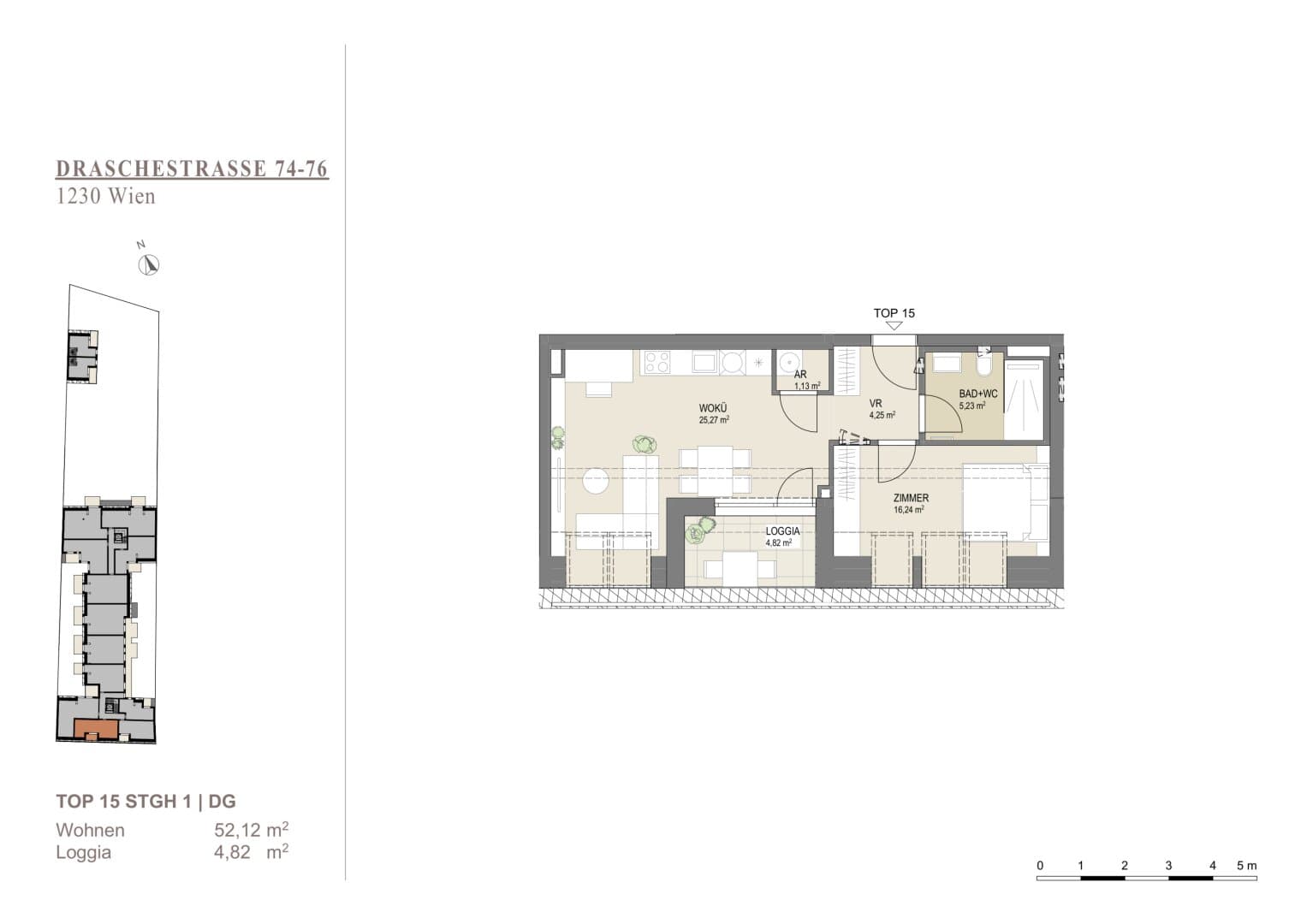 Grundriss Top 15 1DG — Liesing Gardens — 2 Zimmer — 50,6 m² — 1st attic floor — loggia