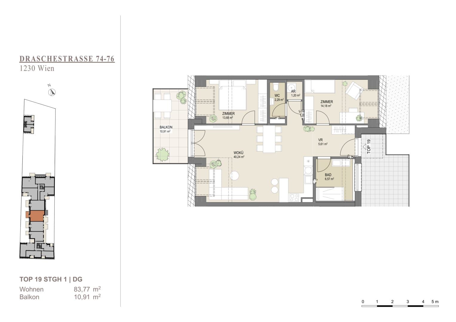 Grundriss Top 19 1DG — Liesing Gardens — 3 Zimmer — 83,8 m² — 1st attic floor — balcony