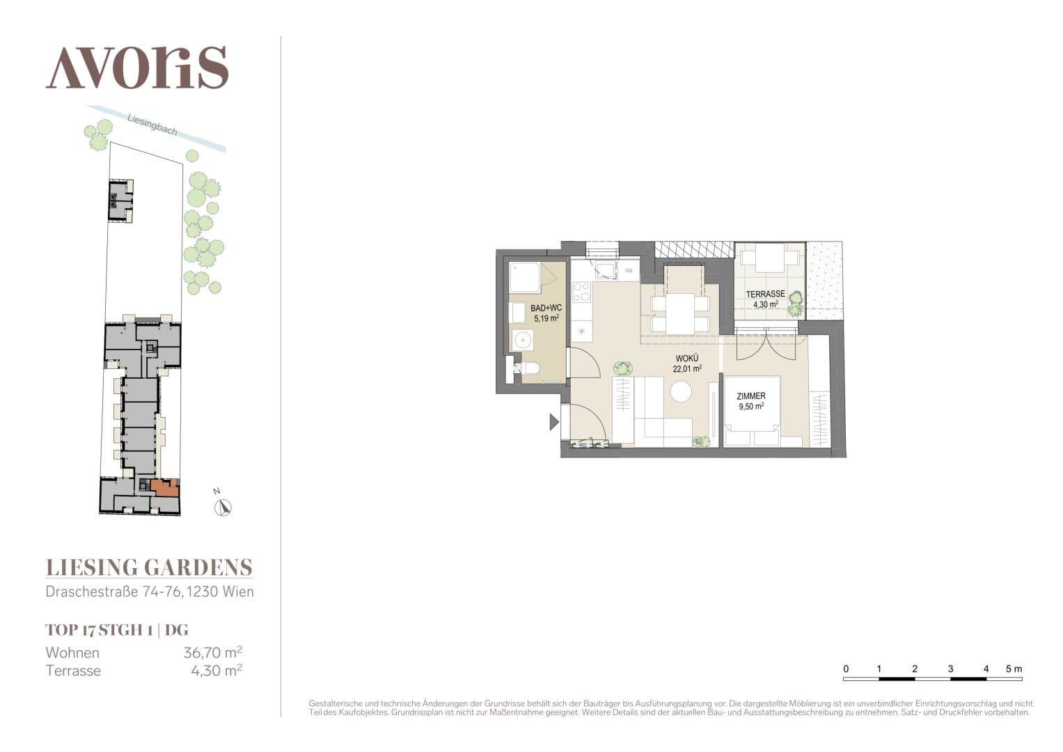Grundriss Top 17 1DG — Liesing Gardens — 2 Zimmer — 36,7 m² — 1st attic floor — terrace