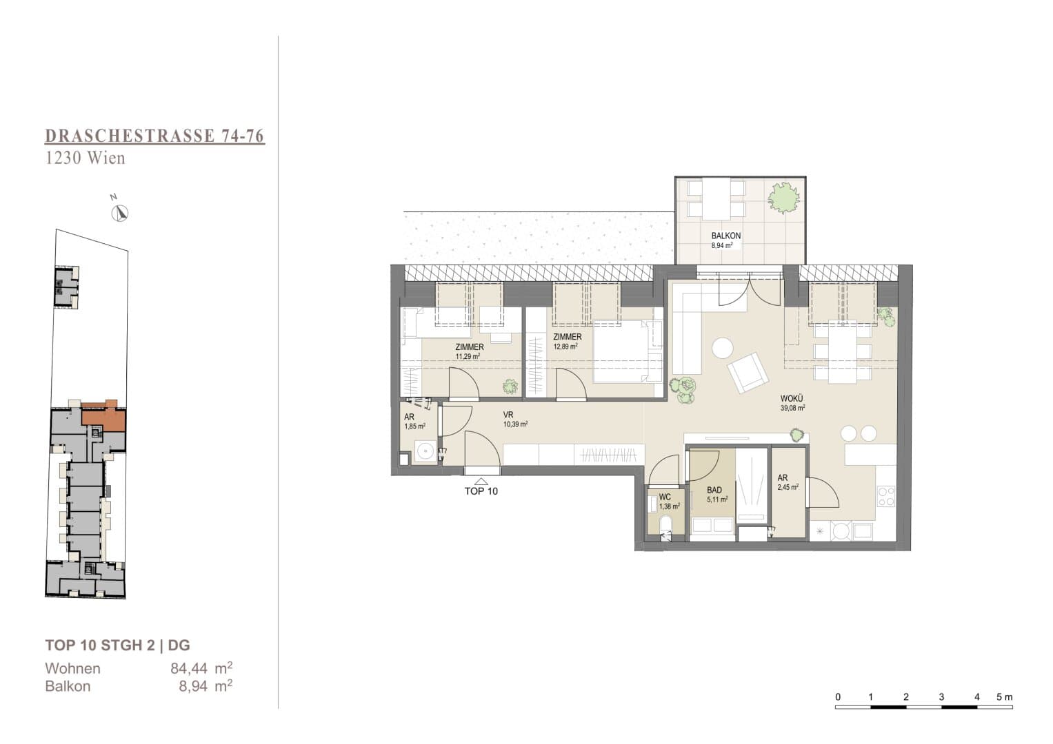 Grundriss Top 10 1DG — Liesing Gardens — 3 Zimmer — 84,2 m² — 1st attic floor — balcony