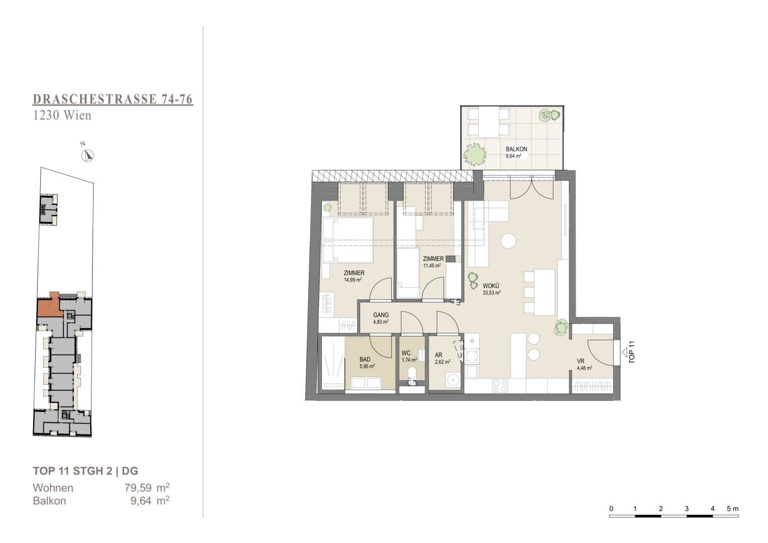 Grundriss Top 11 1DG — Liesing Gardens — 3 Zimmer — 79,5 m² — 1st attic floor — balcony