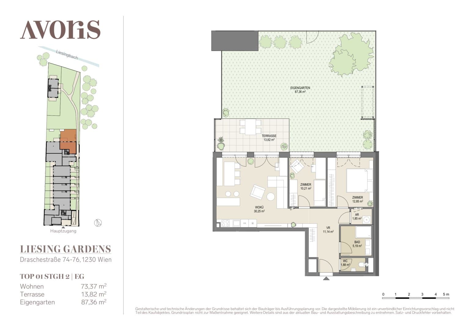 Grundriss Top 1 EG 73.37qm — Liesing Gardens — 3 Zimmer — 73,4 m² — Ground floor — terrace, garden