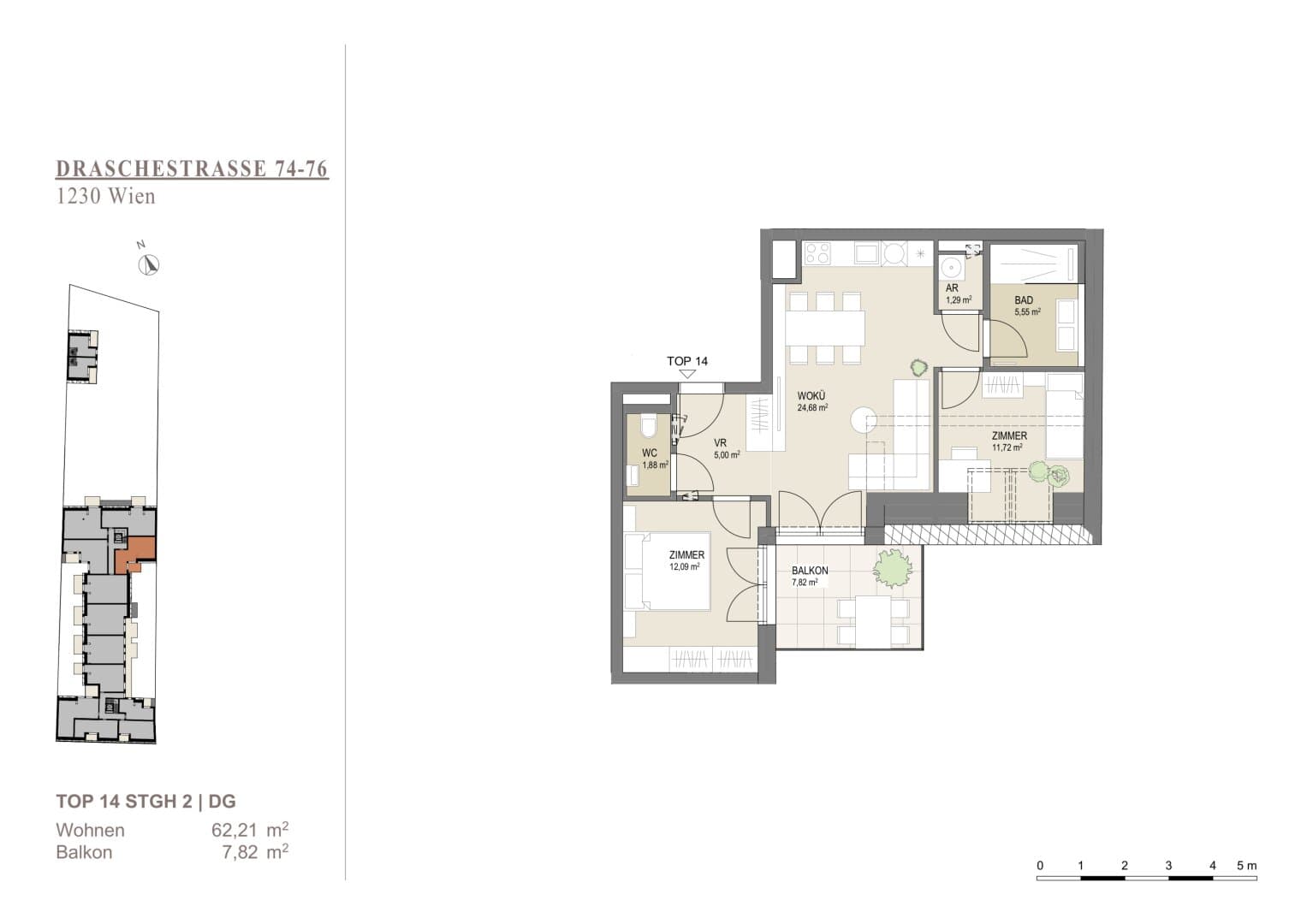 Grundriss Top 14 1DG 61.99qm — Liesing Gardens — 3 Zimmer — 62 m² — 1st attic floor — balcony