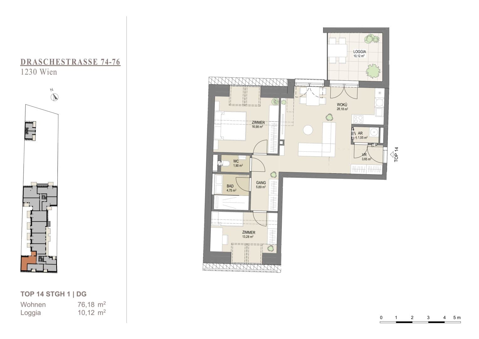 Grundriss Top 14 1DG 76.03qm — Liesing Gardens — 3 Zimmer — 76 m² — 1st attic floor — loggia
