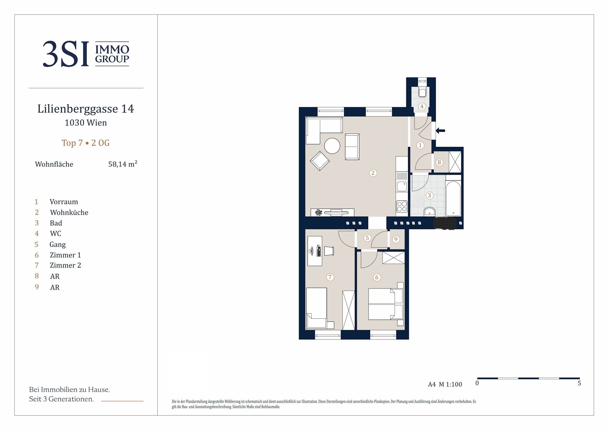 Grundriss Top 7 — Lilienberggasse 14 — 3 Zimmer — 58,1 m² — 2nd floor — South-west