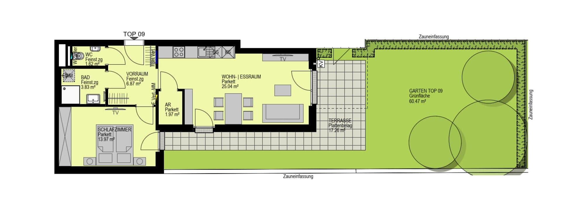 Grundriss Top 09 — Linzer Straße 346 — 2 Zimmer — 53,3 m² — 1st floor — Garten 60.47 m², Terrasse 17.26 m²