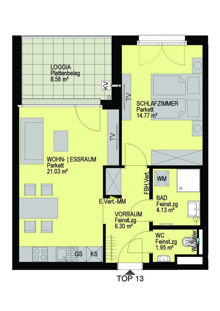 Grundriss Top 13 — Linzer Straße 346 — 2 Zimmer — 48,2 m² — 2nd floor — Loggia 8.58 m²
