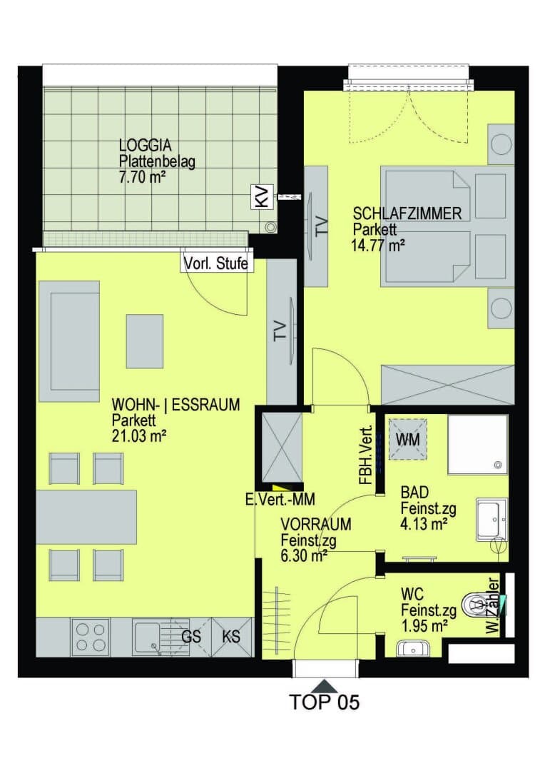 Grundriss Top 05 — Linzer Straße 346 — 2 Zimmer — 48,2 m² — 1st floor — Loggia 7.7 m²