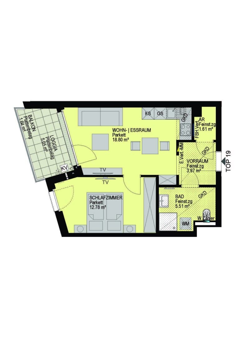 Grundriss Top 19 — Linzer Straße 346 — 2 Zimmer — 42,7 m² — 3rd floor — Loggia 5.05 m², Balkon 1.64 m²