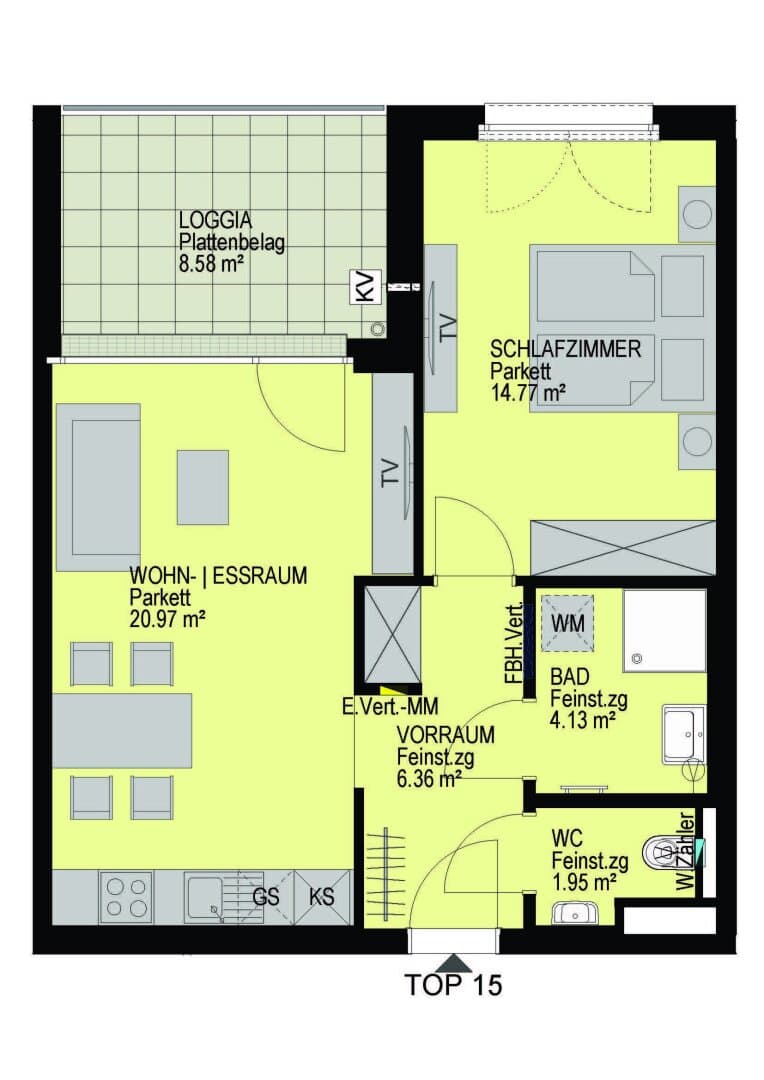 Grundriss Top 15 — Linzer Straße 346 — 2 Zimmer — 48,2 m² — 2nd floor — Loggia 8.58 m²