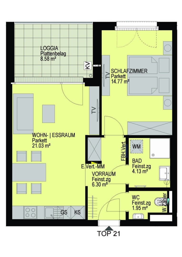 Grundriss Top 21 — Linzer Straße 346 — 2 Zimmer — 48,2 m² — 3rd floor — Loggia 8.58 m²
