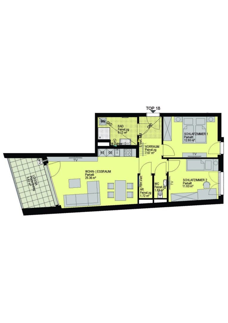 Grundriss Top 18 — Linzer Straße 346 — 3 Zimmer — 66,7 m² — 3rd floor — Loggia 9.42 m²