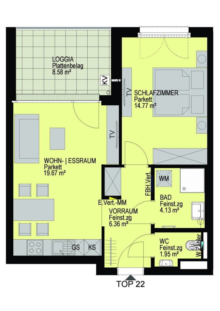 Grundriss Top 22 — Linzer Straße 346 — 2 Zimmer — 46,9 m² — 3rd floor — Loggia 8.58 m²