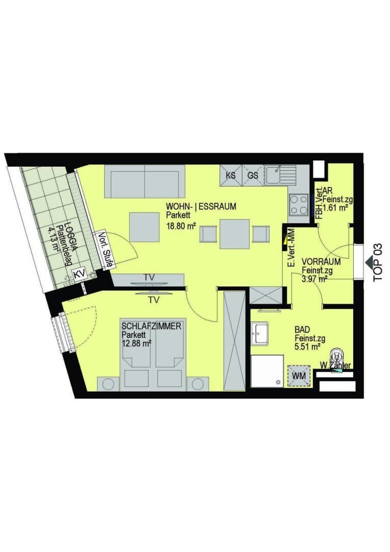 Grundriss Top 03 — Linzer Straße 346 — 2 Zimmer — 42,8 m² — 1st floor — Loggia 4.13 m²