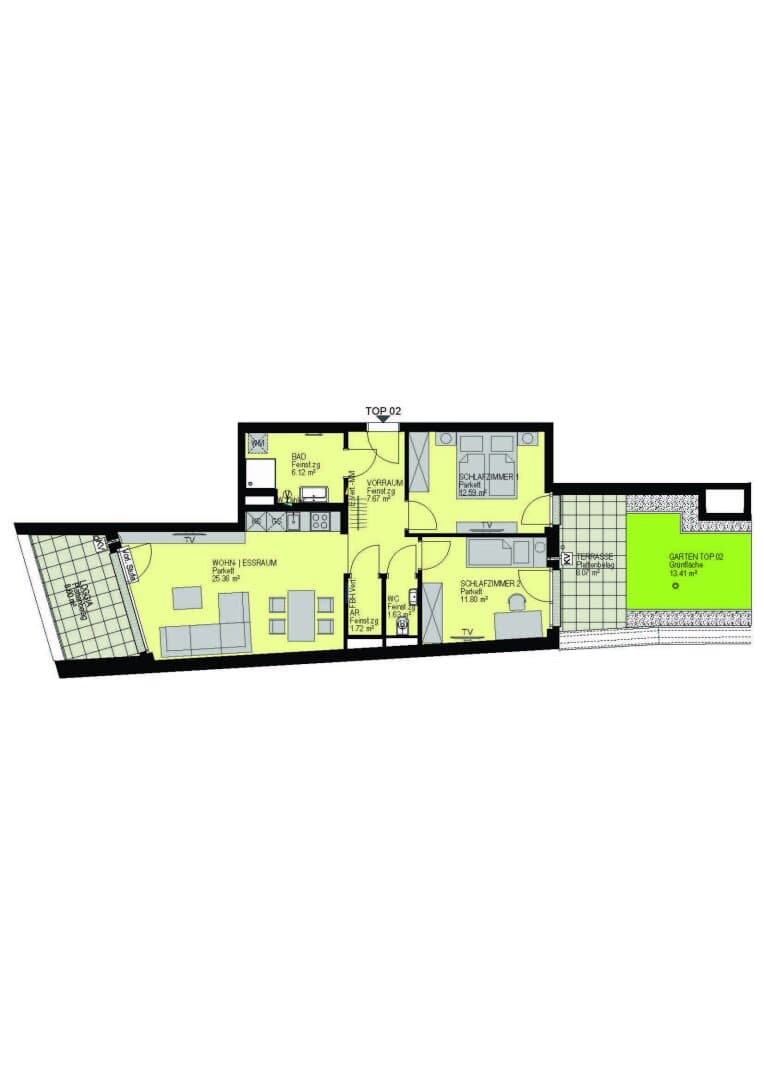 Grundriss Top 02 — Linzer Straße 346 — 3 Zimmer — 66,9 m² — 1st floor — Loggia 8.6 m², Garten 13.41 m², Terrasse 8.07 m²