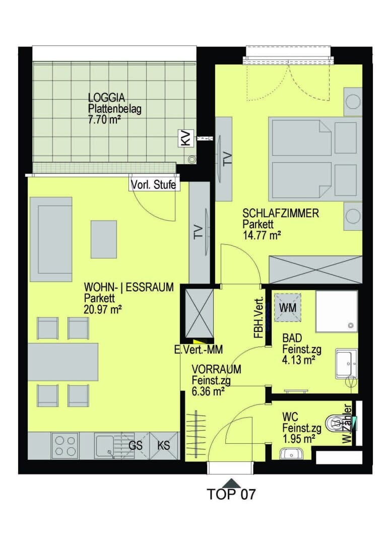 Grundriss Top 07 — Linzer Straße 346 — 2 Zimmer — 48,2 m² — 1st floor — Loggia 7.7 m²