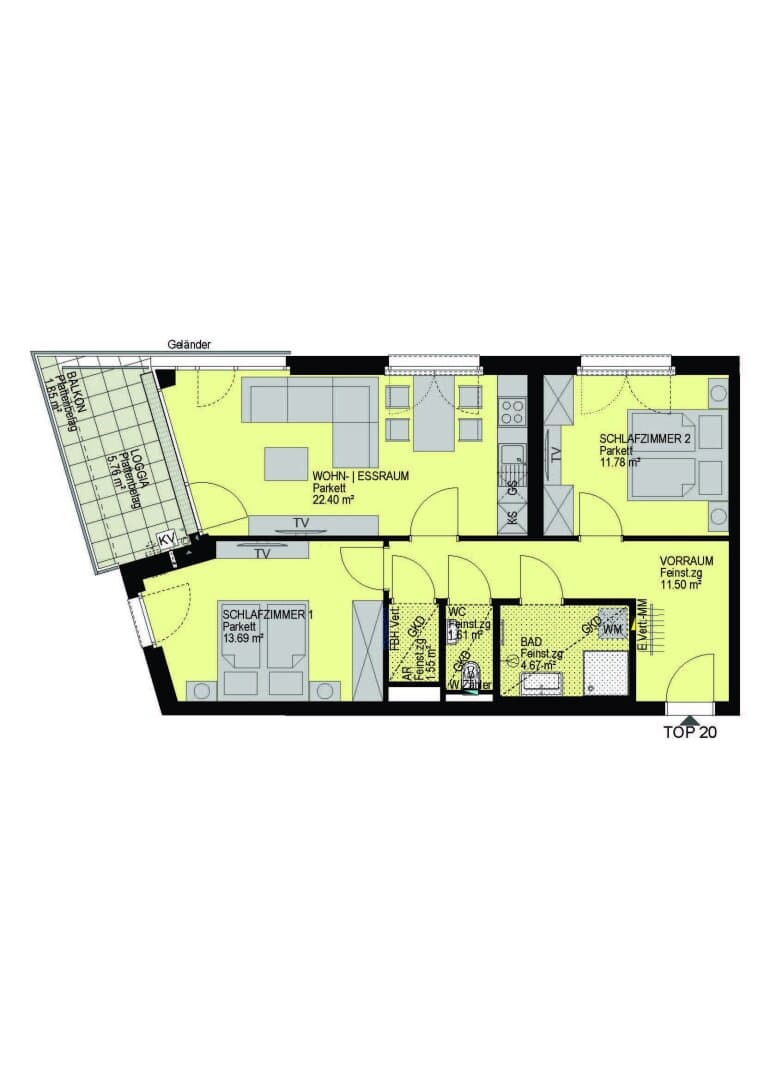 Grundriss Top 20 — Linzer Straße 346 — 3 Zimmer — 67,2 m² — 3rd floor — Loggia 5.76 m², Balkon 1.85 m²