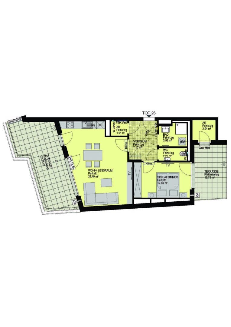 Grundriss Top 26 — Linzer Straße 346 — 2 Zimmer — 57 m² — 1st attic floor — Terrasse 31.08 m²