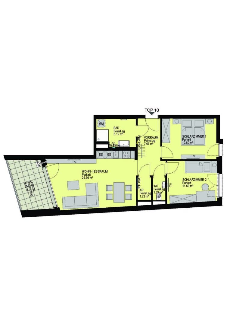 Grundriss Top 10 — Linzer Straße 346 — 3 Zimmer — 66,7 m² — 2nd floor — Loggia 9.42 m²