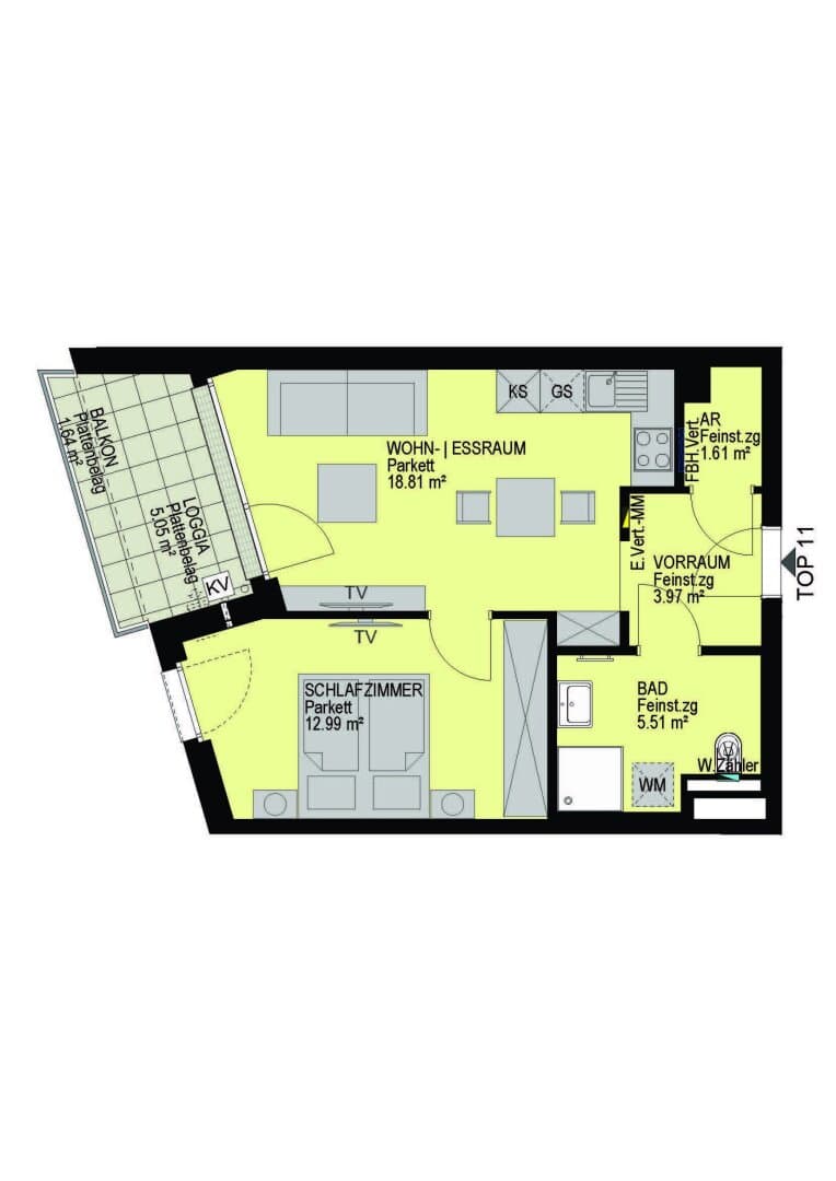 Grundriss Top 11 — Linzer Straße 346 — 2 Zimmer — 42,9 m² — 2nd floor — Loggia 5.05 m², Balkon 1.64 m²