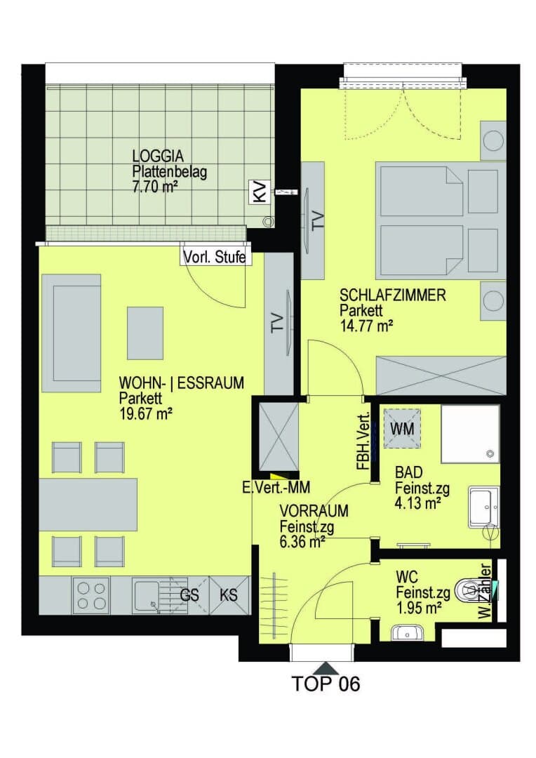 Grundriss Top 06 — Linzer Straße 346 — 2 Zimmer — 46,9 m² — 1st floor — Loggia 7.7 m²