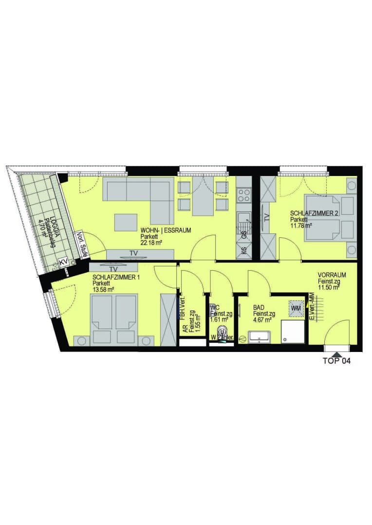 Grundriss Top 04 — Linzer Straße 346 — 3 Zimmer — 66,9 m² — 1st floor — Loggia 4.7 m²