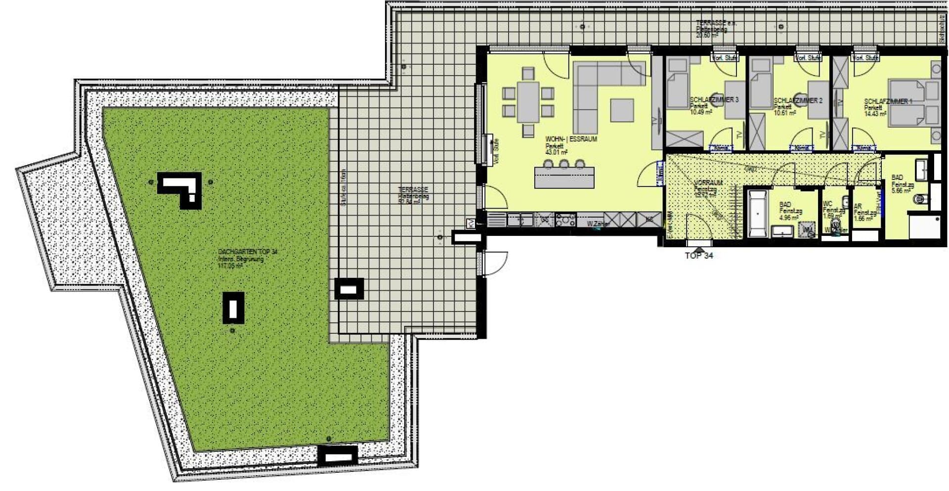 Grundriss Top 34 — Linzer Straße 346 — 4 Zimmer — 108,2 m² — 2nd attic floor — Garten 117.05 m², Terrasse 73.44 m²