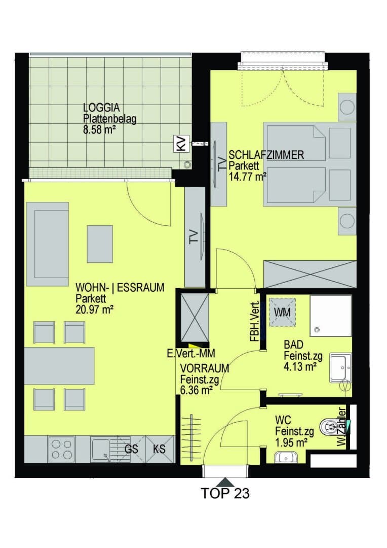 Grundriss Top 23 — Linzer Straße 346 — 2 Zimmer — 48,2 m² — 3rd floor — Loggia 8.58 m²