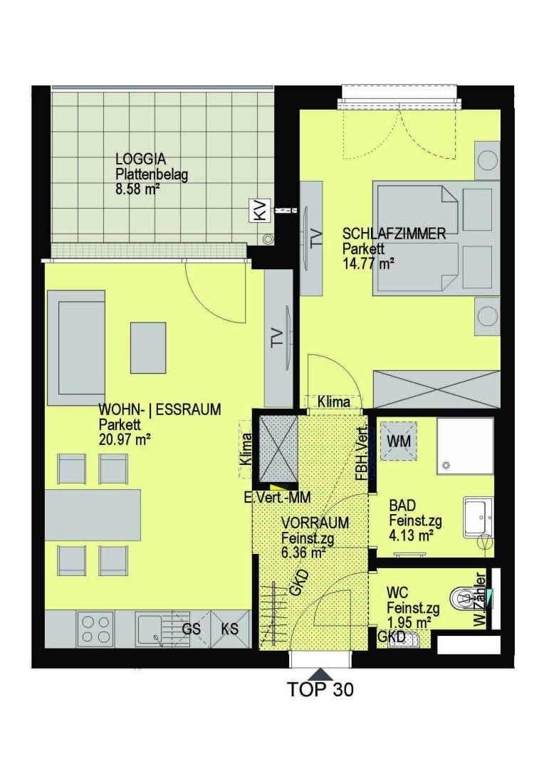 Grundriss Top 30 — Linzer Straße 346 — 2 Zimmer — 48,2 m² — 1st attic floor — Loggia 8.58 m²