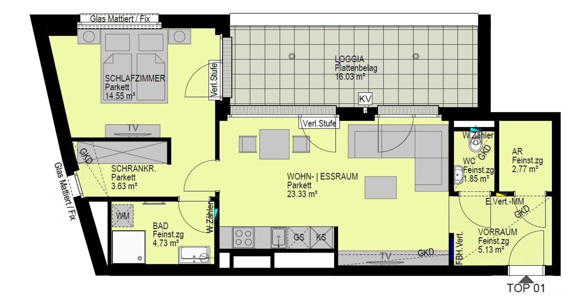 Grundriss Top 01 — Linzer Straße 346 — 2 Zimmer — 56 m² — Ground floor — Loggia 16.03 m²