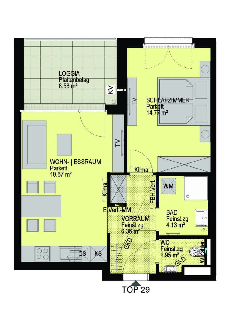 Grundriss Top 29 — Linzer Straße 346 — 2 Zimmer — 46,9 m² — 1st attic floor — Loggia 8.58 m²