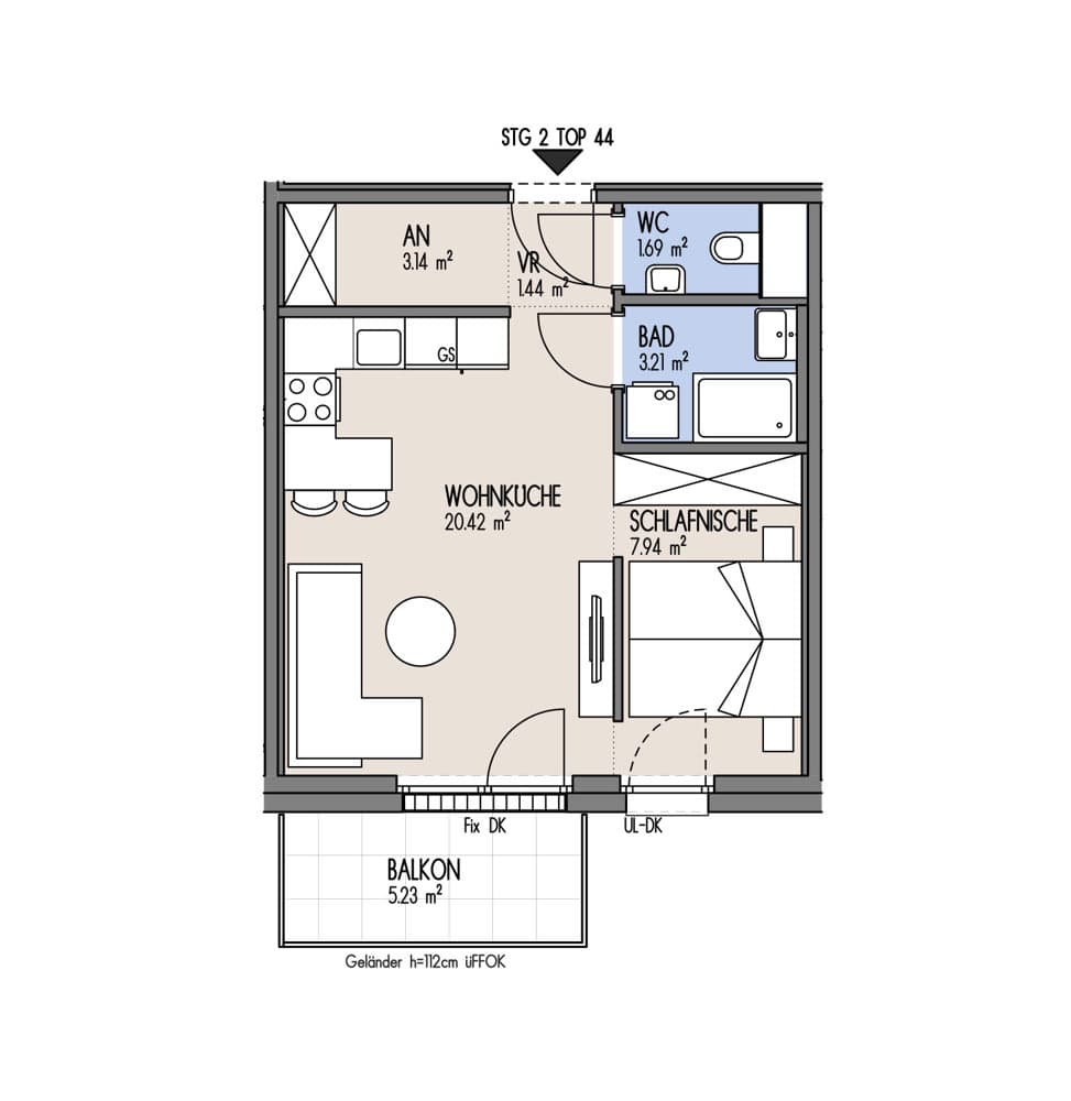 Grundriss Top 02-044 — NordGlück – Living Point 21 — 1 Zimmer — 37,8 m² — 5th floor