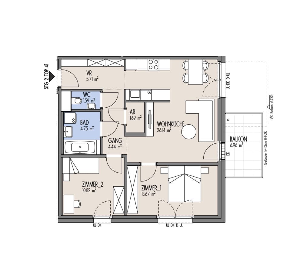 Grundriss Top 02-041 — NordGlück – Living Point 21 — 3 Zimmer — 68,8 m² — 5th floor