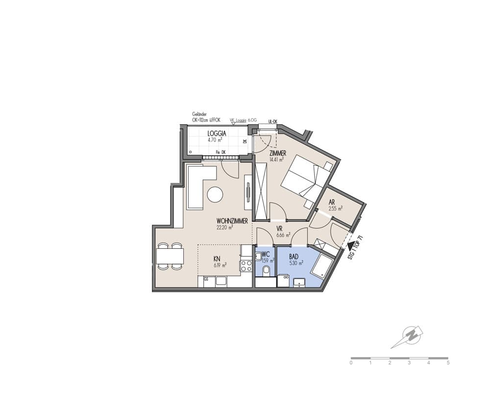 Grundriss Top 01-071 — NordGlück – Living Point 21 — 2 Zimmer — 58,9 m² — 5th floor