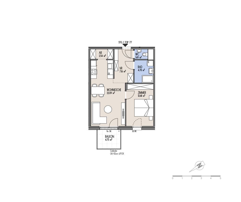 Grundriss Top 01-077 — NordGlück – Living Point 21 — 2 Zimmer — 50,7 m² — 6th floor
