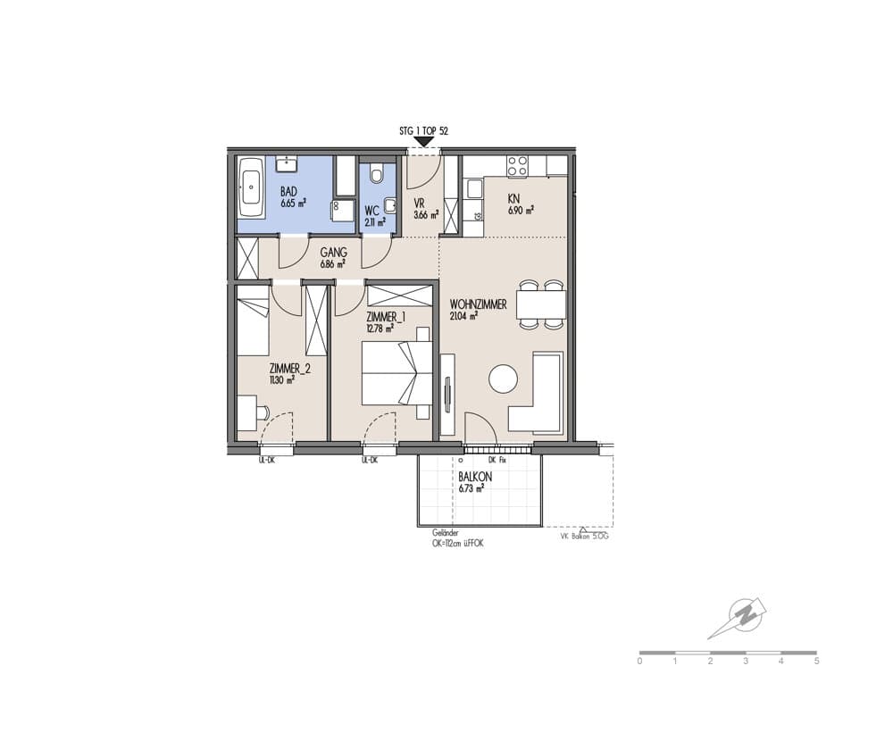 Grundriss Top 01-052 — NordGlück – Living Point 21 — 3 Zimmer — 71,3 m² — 4th floor