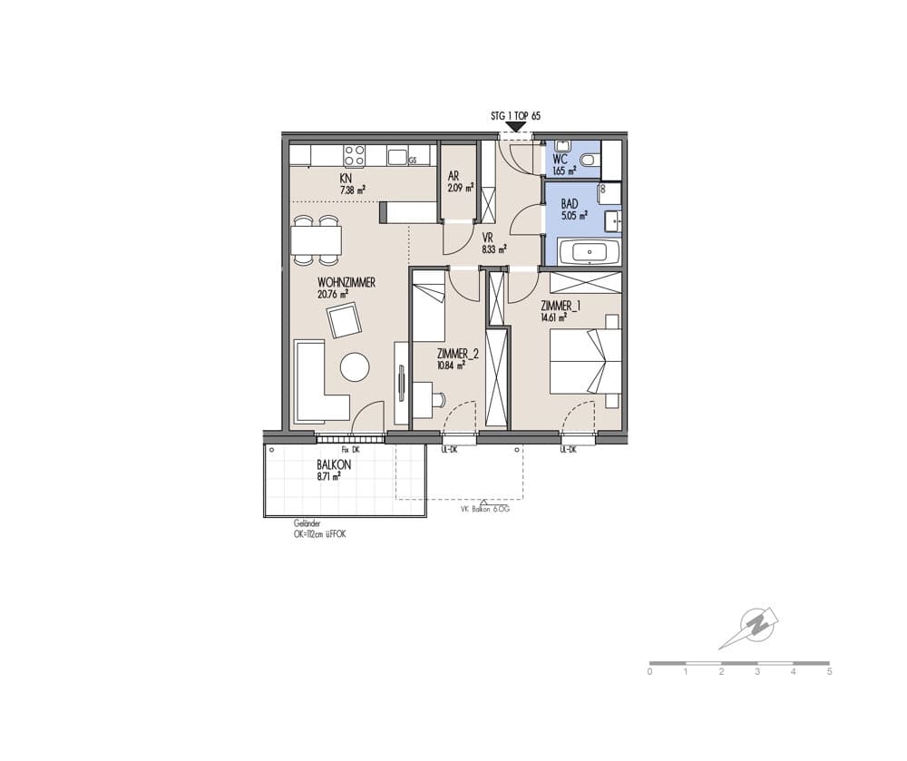 Grundriss Top 01-065 — NordGlück – Living Point 21 — 3 Zimmer — 70,7 m² — 5th floor