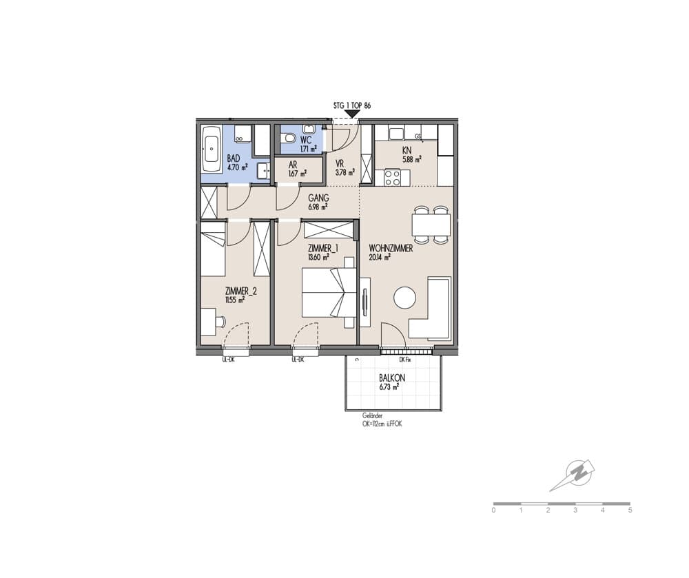 Grundriss Top 01-086 — NordGlück – Living Point 21 — 3 Zimmer — 70 m² — 7th floor
